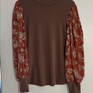 Elegant Brown Blouse with Floral Sleeves